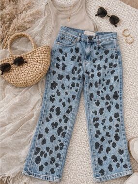 DG2 Diane Gilman Leopard Print Studded Jeans High Rise Straight Leg Size 26